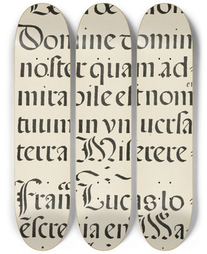 Triptych art skateboard deck of Frank Chouteau Brown Spanish Round Gothic Letters by Frank Chouteau Brown (1876-1947)