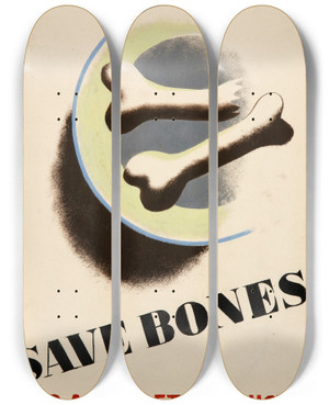 Triptych art skateboard deck of Tom Eckersley Save Bones For Aircraft Production by Tom Eckersley (1914-1997)