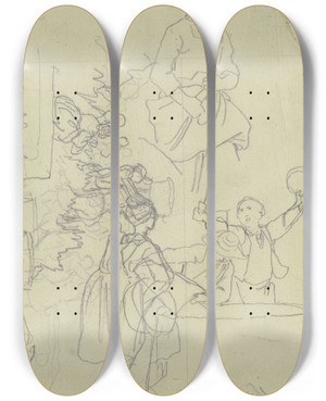 Triptych art skateboard deck of Jakob Becker Children At A Well by Jakob Becker (1810-1872)