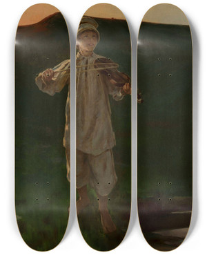 Triptych art skateboard deck of Witold Pruszkowski Shepherd Boy Playing The Fiddle by Witold Pruszkowski (1846-1896)