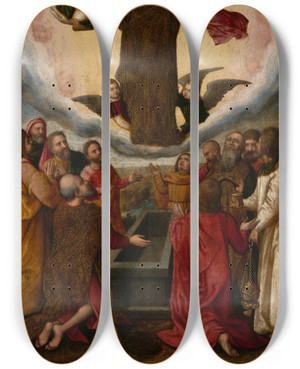 Triptych art skateboard deck of Marcellus Coffermans Assumption Of The Virgin by Marcellus Coffermans (1520-1578)