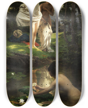 Triptych art skateboard deck of Raffaele Giannetti Young Girls Taking A Bath At A Forest Spring by Raffaele Giannetti (1832-1916)