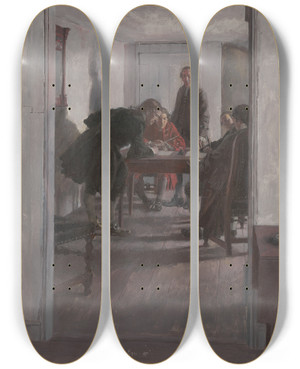Triptych art skateboard deck of Howard Pyle In The Old Raleigh Tavern by Howard Pyle (1853-1911)
