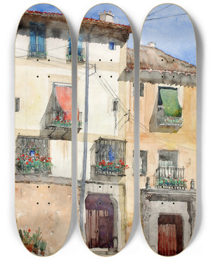 Triptych art skateboard deck of Cass Gilbert Old House At Segovia Spain by Cass Gilbert (1859-1934)