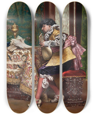 Triptych art skateboard deck of Adolphealexandre Lesrel The Mandolin Player by Adolphe Alexandre Lesrel (1839-1929)