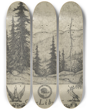 Triptych art skateboard deck of Ernest Haskell Ex Libris Maria Dewitt Jesup by Ernest Haskell (1876-1925)