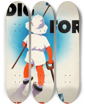 Triptych art skateboard deck of Mary Tunbridge Dig For Victory by Mary Tunbridge (20-)