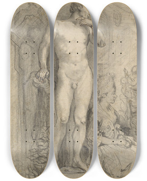 Triptych art skateboard deck of Gabriel Jacques De Saintaubin Rendezvous In The Palais Royal by Gabriel Jacques de Saint-Aubin (1724-1780)