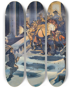 Triptych art skateboard deck of Udo Keppler The Tariff Wait by Udo Keppler (1872-1956)