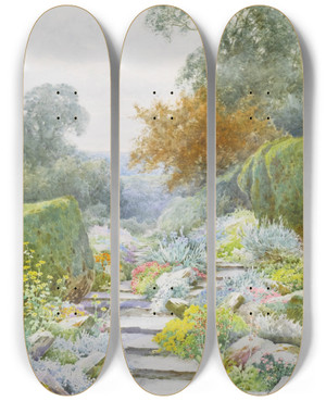 Triptych art skateboard deck of Henry John Sylvester Stannard The Garden Path by Henry John Sylvester Stannard