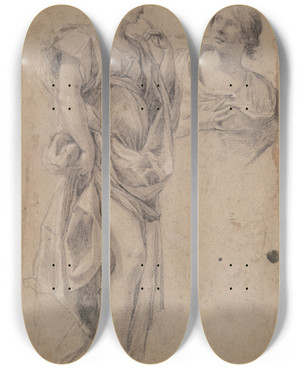 Triptych art skateboard deck of Simon Vouet Twowomen by Simon Vouet (1590-1649)