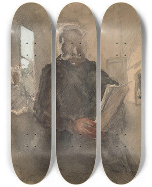 Triptych art skateboard deck of Petrus Van Der Velden Interior Scene With Seated Man by Petrus van der Velden (1837-1915)