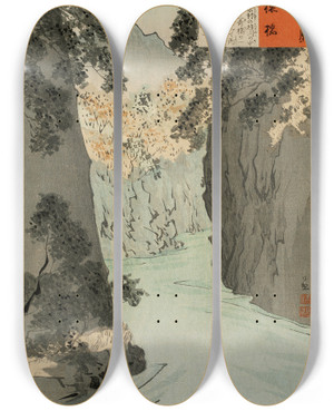 Triptych art skateboard deck of Kobayashi Kiyochika Monkey Bridge by Kobayashi Kiyochika (1847-1915)