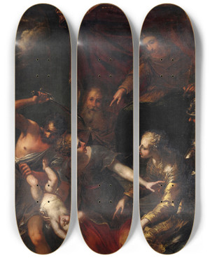 Triptych art skateboard deck of Bartolomeo Biscaino The Judgement Of Solomon by Bartolomeo Biscaino (1632-1657)