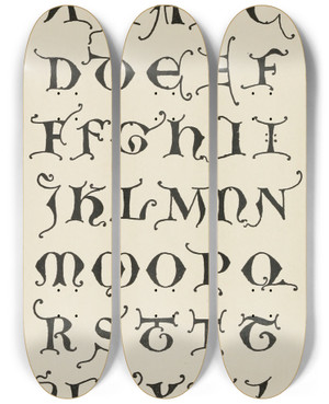 Triptych art skateboard deck of Frank Chouteau Brown Uncial Gothic Initials by Frank Chouteau Brown (1876-1947)
