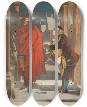 Triptych art skateboard deck of George Cargill Leighton The Unexpected Guest by George Cargill Leighton
