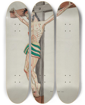 Triptych art skateboard deck of Majel G Claflin Cruciform Bulto by Majel G Claflin (1893-1941)