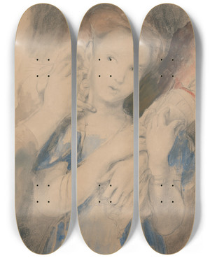Triptych art skateboard deck of Sir David Wilkie Study For The First Earring by Sir David Wilkie (1785-1841)