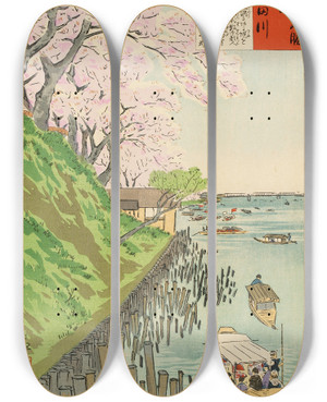 Triptych art skateboard deck of Kobayashi Kiyochika Sumida River by Kobayashi Kiyochika (1847-1915)