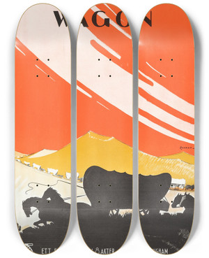 Triptych art skateboard deck of Eric Rohman The Covered Wagon by Eric Rohman (1891-1949)