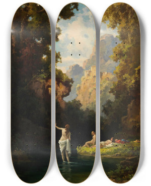 Triptych art skateboard deck of Willy Moralt Badende Mdchen Im Waldteich by Willy Moralt (1884-1947)