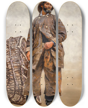 Triptych art skateboard deck of August Hagborg Fisherman With Basket by August Hagborg (1852-1921)