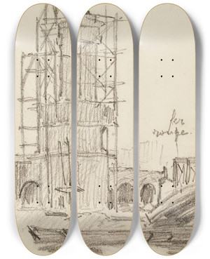 Triptych art skateboard deck of Fernand Cormon Tour En Construction Au Bord Dun Fleuve by Fernand Cormon (1845-1924)