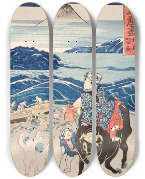 Triptych art skateboard deck of Utagawa Kuniyoshi Sagami Fisherman Unloading Bonito by Utagawa Kuniyoshi (1797-1861)