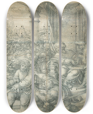 Triptych art skateboard deck of Bernard Van Orley Pilate Washing His Hands Early by Bernard Van Orley (1492-1542)