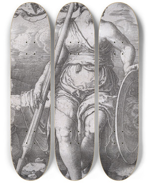 Triptych art skateboard deck of Lucas Van Leyden Pallas Athene by Lucas Van Leyden (1494-1533)