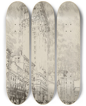 Triptych art skateboard deck of Joseph Pennell The Flat Iron by Joseph Pennell (1857-1926)