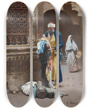 Triptych art skateboard deck of Raphael Von Ambros A Cairene Merchant by Raphael Von Ambros (1855-1895)