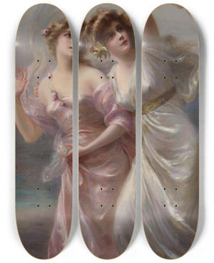 Triptych art skateboard deck of Douard Bisson Loves Messengers by Edouard Bisson (1856-1939)