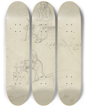 Triptych art skateboard deck of Jakob Becker Studienblatt Sitzende Mnner by Jakob Becker (1810-1872)