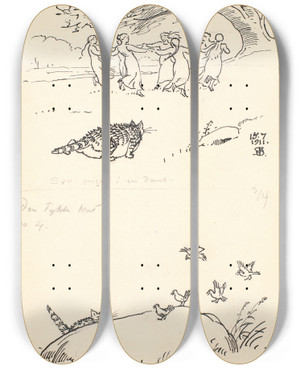 Triptych art skateboard deck of Niels Skovgaard To Udkast Til Den Tykke Kat_1 by Niels Skovgaard (1858-1938)