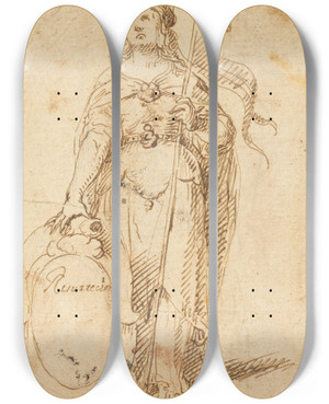 Triptych art skateboard deck of Spanish 17Th Century Egyptian Sibyl by Spanish 17th Century