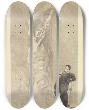 Triptych art skateboard deck of Max Klinger Leide Ein Leben Opus Viii Blatt 14 by Max Klinger (1857-1920)