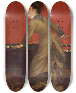 Triptych art skateboard deck of Alfred Stevens Elegant At Billiards by Alfred Stevens (1817-1875)