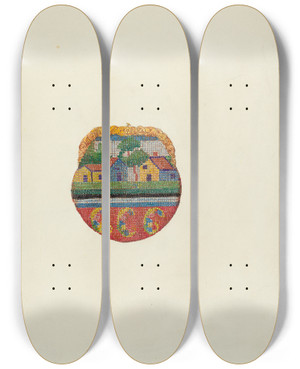 Triptych art skateboard deck of Ann Gene Buckley Beaded Purse by Ann Gene Buckley