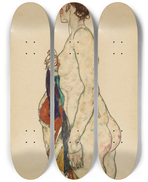 Triptych art skateboard deck of Egon Schiele Standing Nude With A Patterned Robe by Egon Schiele (1890-1918)