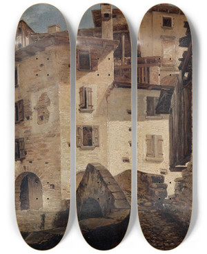 Triptych art skateboard deck of Pompeo Pozzi Veduta Di Ness by Pompeo Pozzi (1817-1888)