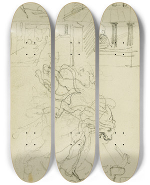 Triptych art skateboard deck of Thodore Gricault Two Compositional Studies Of A Lion Hunt_1 by Theodore Gericault (1791-1824)