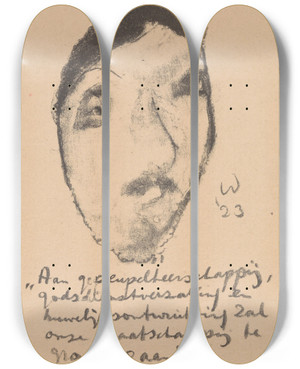 Triptych art skateboard deck of Erich Wichmann Karikatuur Van Gerard Bolland by Erich Wichmann (1890-1929)