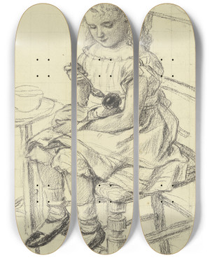 Triptych art skateboard deck of Otto Scholderer Ein Mdchen Beim Fttern Ihrer Puppe by Otto Scholderer (1834-1902)