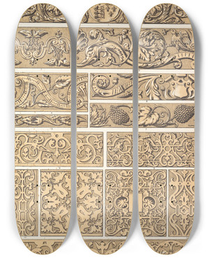 Triptych art skateboard deck of Owen Jones Elizabethan No1 by Owen Jones (1809-1874)