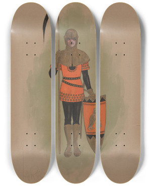 Triptych art skateboard deck of Will R Barnes 1 Squire For Each Knight Burning Mountain by Will R Barnes (1939)
