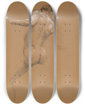 Triptych art skateboard deck of Otto Greiner Standing Male Nude From Behind by Otto Greiner (1869-1916)
