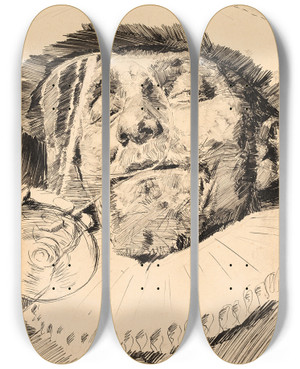 Triptych art skateboard deck of Antonio Casanova Y Estorach Cavalier Drinking by Antonio Casanova Y Estorach (1847-1896)