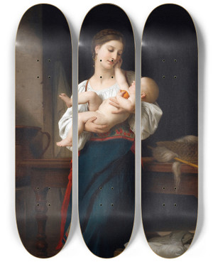 Triptych art skateboard deck of William Bouguereau Premires Caresse by William Bouguereau (1825-1905)