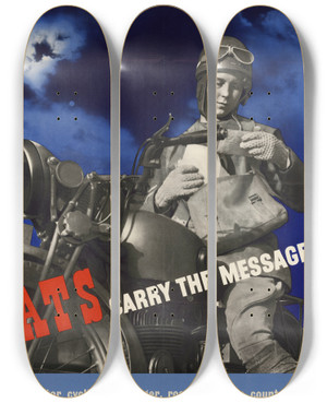 Triptych art skateboard deck of Beverly Pick Ats Carry The Messages by Beverly Pick (20-)